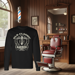 Camiseta Clásica de Manga Larga para Barbería, Diseño Vintage de Poste de Barbero, Afeitado y Corte de Pelo - Product Image 3
