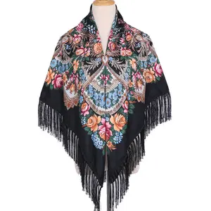 Bufanda cuadrada rusa para mujer recién llegada al por mayor, bufanda étnica de gran tamaño estampada larga con borlas, bufanda de flores Masani para mujer