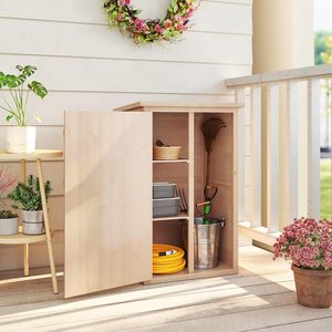 Abri de jardin extérieur en bois de sapin avec 2 étagères, toit incliné, assemblage par boulons, armoire à outils compacte pour jardin, patio, garage - Product Image 6