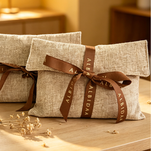 High Grade Beige Linen Packaging Sack, Custom Print <b>Ribbon</b> Bow Envelope Bag , Cosmetics & Wedding Souvenir Favors - Product Image 3