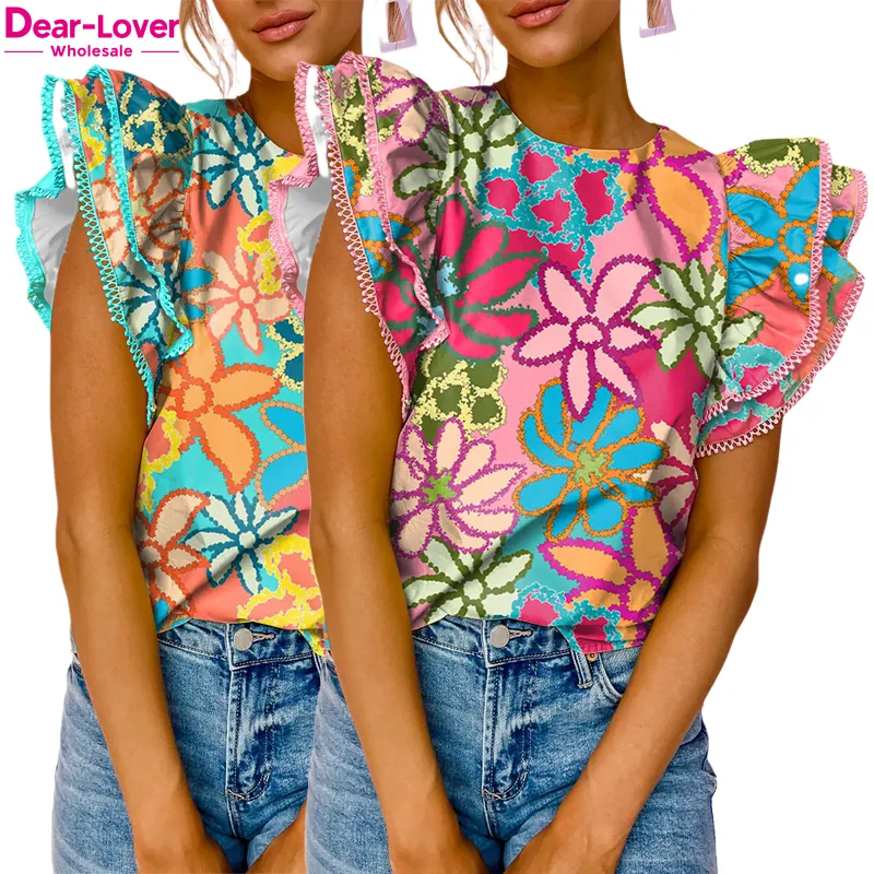 Dear-Lover OEM ODM Private Label Wholesale Summer Multicolor Floral Print Abstract Pattern Elegant Ruffle Tops Blouses For Women