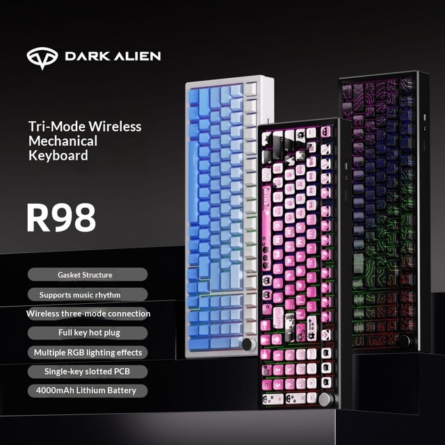 R98 Wireless Three-Mode Mechanical Keyboard 98-Key Custom Hot-Swappable RGB Backlit 4000mAh Battery Equidistant Line Gaming