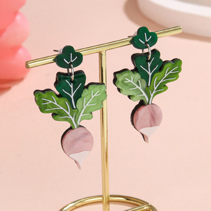 Nouvelles boucles d'oreilles Cenda faites à la main, en acrylique, avec feuilles de <span class=keywords><strong>lupin</strong></span> vertes, carottes roses, fruits mignons et radis, serties en clos - Product Image 5