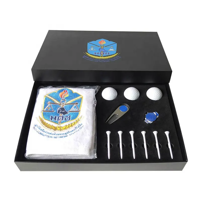 Conjunto de presente para golfe, toalha de brinquedo, garfo, bolas, bolas de golfe, divot e toalha, caixa de presente