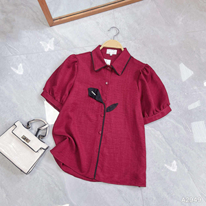 Women Short-Sleeve <b>Shirt</b> with Black Lily Applique <b>Office</b> Casual Solid Top Modal Material Regular Work Occasion - Product Image 3