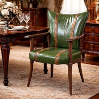 Fauteuil de salle à manger de luxe en cuir véritable vert, style occidental mi-siècle, en bois, pour restaurant, club, accent en cuir de vachette