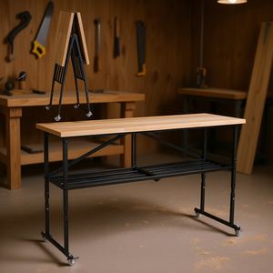 Banc de travail pliable réglable en bois dur avec plateau en bois et roulettes verrouillables pour le travail du bois - Product Image 2