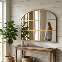 Arched Grid Wall Mirror Gold Metal Frame Window Pane Mirror Vintage Farmhouse Decorative Wall Mirror for Living Room Entryway