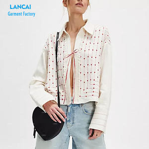 Logotipo personalizado nueva moda bordado mujer camisa de manga larga de tela de algodón Casual camisas de manga larga - Product Image 2