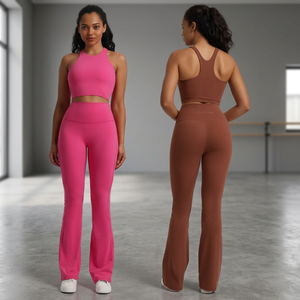 Ensemble de yoga 2 pièces pour femme : pantalon taille haute à jambes larges et crop top dos nageur sans manches, couleur unie, en Spandex et Polyester, pour le sport et le fitness - Product Image 2