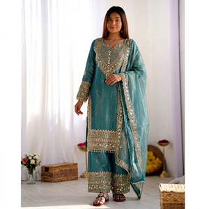 Ensemble Salwar en soie turquoise brodé pour femme, style traditionnel indien pakistanais, longueur cheville, coupe classique, tenue de mariage - Product Image 1