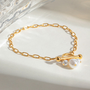 Pearl Bracelet 18k Gold Plated Stainless Steel <b>Toggle</b> Clasp White Pearls Women's Everyday Wear Jewelry Yiwu Origin - Product Image 2