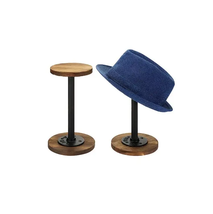 Conjunto De 2 Industrial Black Metal Hat Holder Stand Rústico Queimado Madeira Jóias Display Riser