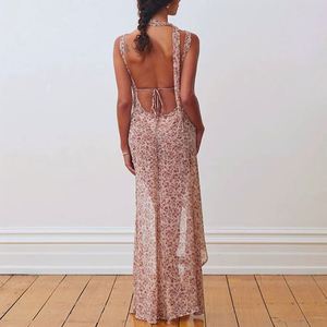 2024 conception été femmes vêtements Floral femmes <span class=keywords><strong>robe</strong></span> sangle sangle col en V à volants fente dames <span class=keywords><strong>robe</strong></span> Midi pour adolescentes - Product Image 1