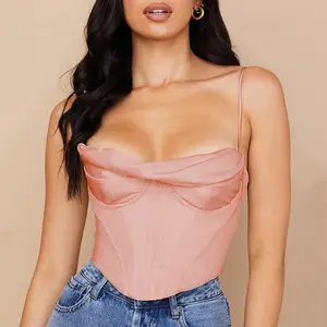 Tank Top Wanita Kerah V Rendah Seksi Kustom Tank Top Blus Satin Coklat Tank Top Tali Spageti Tank Top Berkualitas Tinggi untuk Wanita