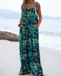 Motif personnel salopette une pièce pour femmes été respirant coton lin jambe large lâche bouton combinaisons avec sangle réglable - Product Image 3