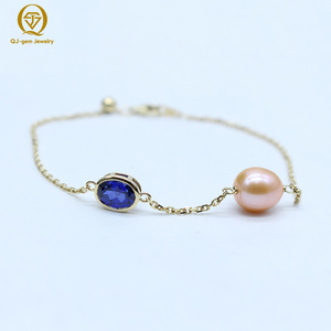 Latest Design 18k <b>Solid</b> <b>Gold</b> Diamond Lab Grown Sapphire Pink Pearl Bracelet <b>Bangle</b> for Women Girls Party Wedding Engagement Gift - Product Image 1