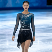 Robe de patinage artistique à manches longues, couleur bleu sarcelle et noir, avec strass, en maille, pour enfants et adultes, pour compétitions sur glace