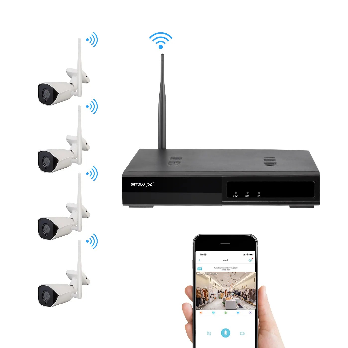 DVR ไร้สาย IP ออกประตูรักษาความปลอดภัยกล้อง NVR ชุดที่มีการตรวจสอบเฝ้าระวังระบบเตือนภัย8Ch 4ช่องกล้องคืนวิสัยทัศน์ชุด