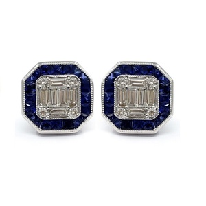Boucles d'oreilles clous Art Déco carrées octogonales vintage en or blanc 18 carats avec saphirs en grappe pour mariage, anniversaire, fiançailles - Product Image 1