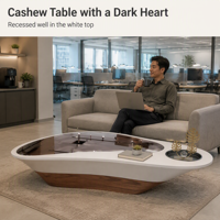Table basse ovale crème en verre fumé organique avec éclairage LED intégré, base en noyer, socle flottant, en bois écologique pour salon