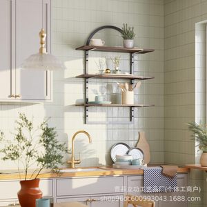 Iron Wood Combined <b>Wall</b> <b>Mounted</b> <b>Shelf</b> 3 Tier Durable For Kitchen Living Room Display Rack - Product Image 1