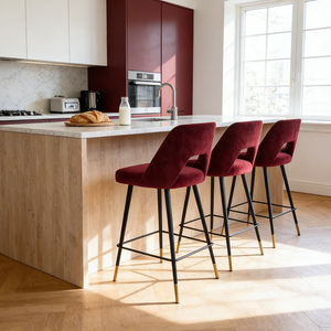 Outdoor Red Velvet Modern Bar <b>Stools</b> & Counter Chairs for Hotel <b>Dining</b> Living Room | Commercial Luxury Upholstered Seats - Product Image 4