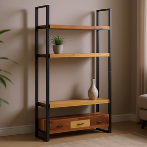 Multicolour Reclaimed Wood Bookshelf 4 Tier Industrial Design Living Room Furniture <b>with</b> Storage <b>Drawers</b> - Product Image 2