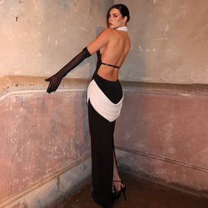 Vestido de Noche Estilo Europeo Americano Sin Espalda, Bloques de Color Blanco y Negro, Capa Transparente, Casual, para Banquete y Fotografía Urbana - Product Image 1