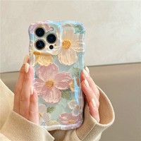 Coque de téléphone i18pro en promotion pour iPhone 11 12 13 14 15 Pro Max, motif floral rétro peinture à l'huile, brillante, mignonne, avec bordure ondulée, exquise