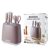 Ensemble de 6 couteaux de chef en acier inoxydable avec bloc, couteau Santoku, ciseaux de cuisine, manche rose, vente en gros