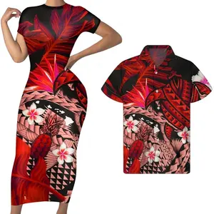 Couple Set Clothing Red Plumeria Pineapple Tribal Polynesian Custom Print Women Party Long Dress Match Men Shirts