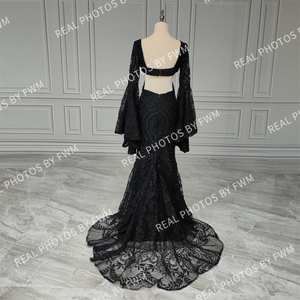 Di alta qualità Boho tromba di <span class=keywords><strong>pizzo</strong></span> <span class=keywords><strong>nero</strong></span> a <span class=keywords><strong>maniche</strong></span> <span class=keywords><strong>lunghe</strong></span> abito da sposa a collo quadrato Open Back abiti da sposa da donna abiti da sera - Product Image 3