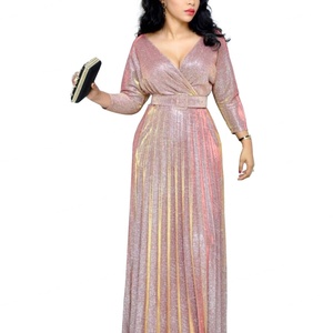Robe plissée à manches longues pour femmes, style transfrontalier Europe et États-Unis, avec ourlet doré brillant, en tissu rose vif - Product Image 5