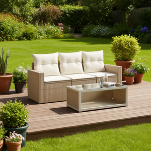 Set Divano da Giardino in Rattan PE Beige a 3 Posti con Telaio in Acciaio, Arredamento da Esterno Durevole dal Design Contemporaneo - Product Image 2