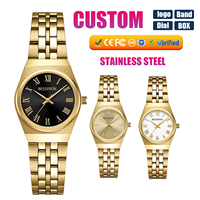 Montre à quartz pour femme en acier inoxydable doré, cadran en verre minéral, fermoir papillon, résistance à l'eau 5 ATM, chiffres romains, luxe