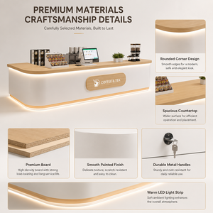 Comptoir de réception incurvé moderne avec éclairage LED, comptoir en bois grainé, logo personnalisé, comptoir de <span class=keywords><strong>caisse</strong></span> pour boutique, salon de beauté - Product Image 5