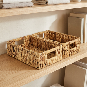 <b>Rectangular</b> Natural Water Hyacinth Storage <b>Basket</b> With Handles Rustic Style Multi Purpose Organizing Tray - Product Image 2