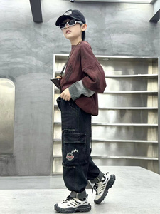 Pantalon cargo pour garçons avec broderie-coupe ample, taille élastique, poches multiples, faux denim noir pour adolescents et jeunes, - Product Image 5