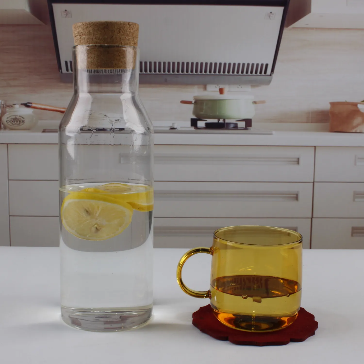 Bouteille d'eau en verre, transparente, résistante à la chaleur, avec couvercle en liège, 1100ml, haute qualité, dernière version