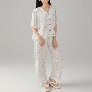 HUOYOUNG pijama personalizado 100% ropa de dormir de algodón para mujer Floral cuello en V cárdigan corto Top y pantalones Loungewear pijamas conjunto de mujeres - Product Image 2