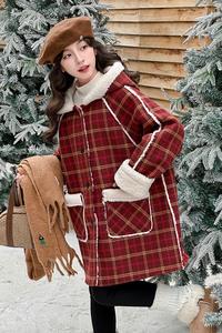 Hiver Filles Rouge Long Plaid 100% Polyester <span class=keywords><strong>Vero</strong></span> <span class=keywords><strong>Moda</strong></span> Coat Fashionable Warm Christmas Vibe Button - Product Image 5