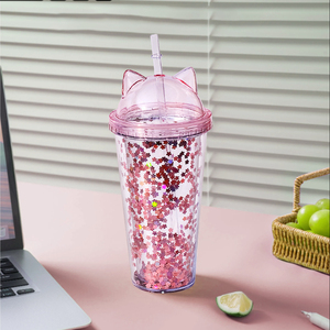 Tumori per orecchie di gatto a doppia parete tazza di plastica con coperchio fai da te Glitter 10oz 16oz 24oz bottiglia per bevande a doppia parete in acrilico per bambini - Product Image 4