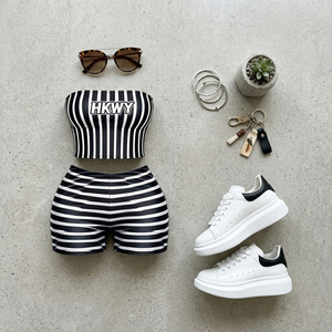 2026 Trendy Women's Black and White Striped 2 Piece Set Y2K Aesthetic Tube <b>Top</b> and Mini Shorts Sports Set with Custom Logo - Product Image 3