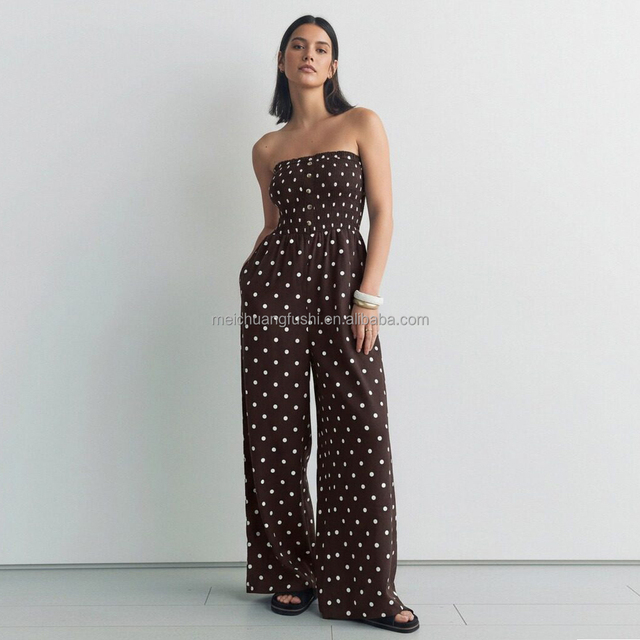 Custom Polka Dot Linen Jumpsuit for Women Shirred Bodice Pantsuit Ladies