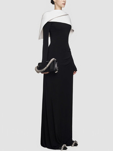 Abito Formale Lungo a Pieghe con Blocchi di Colore Bianco <span class=keywords><strong>e</strong></span> Nero, Lavorato a Maglia, con Vita Stretta <span class=keywords><strong>e</strong></span> Effetto Snellente, Collezione Primavera Estate 2026 - Product Image 3