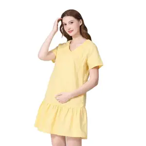 New Summer Pregnant Dress Ruffle Straight Cut Maternity Cotton Linen Dress Invisible Zipper Breastfeeding Clothes Plus Size