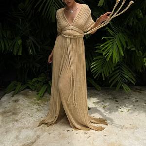 Robe midi plissée pour femme, col montant, taille naturelle, ceintures, respirante, écologique, été, logo frontal - Product Image 1