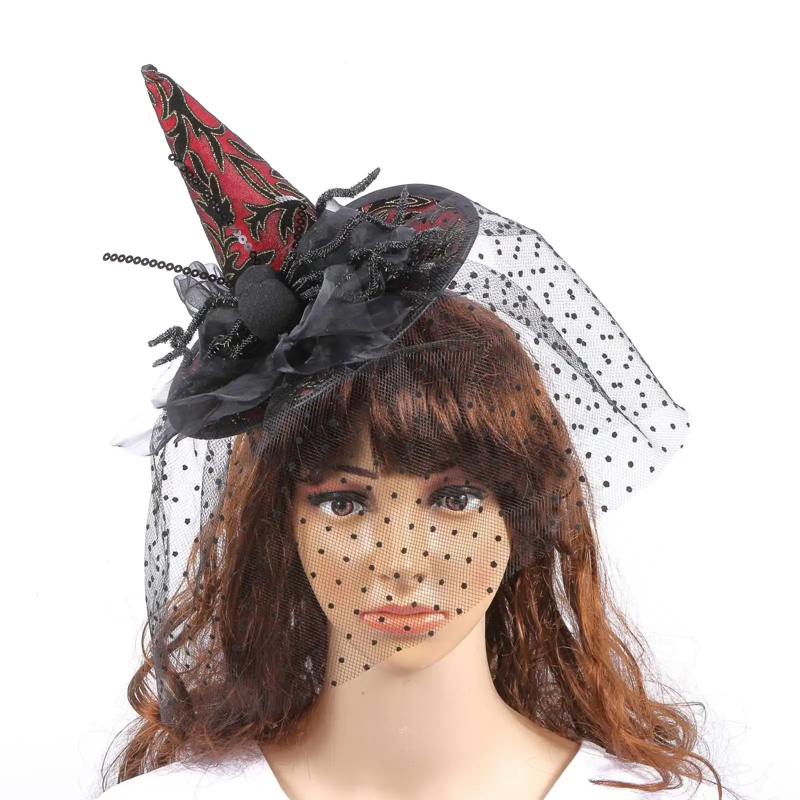 قبعة نسائية من قماش التُل المثير ومطبوع عليها شبكة العنكبوت والساحرة موضة الهالوين قبعة سوداء غامضة للحفلات إكسسوارات الهالوين