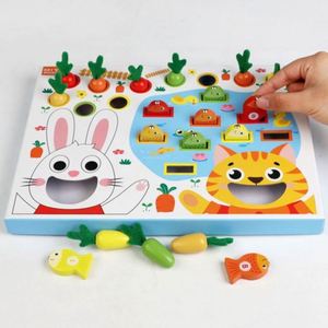 Juego de bloques de madera 2 en 1: Tablero de alimentación de zanahorias, reconocimiento de números y juego de pesca para niños y niñas - Product Image 1
